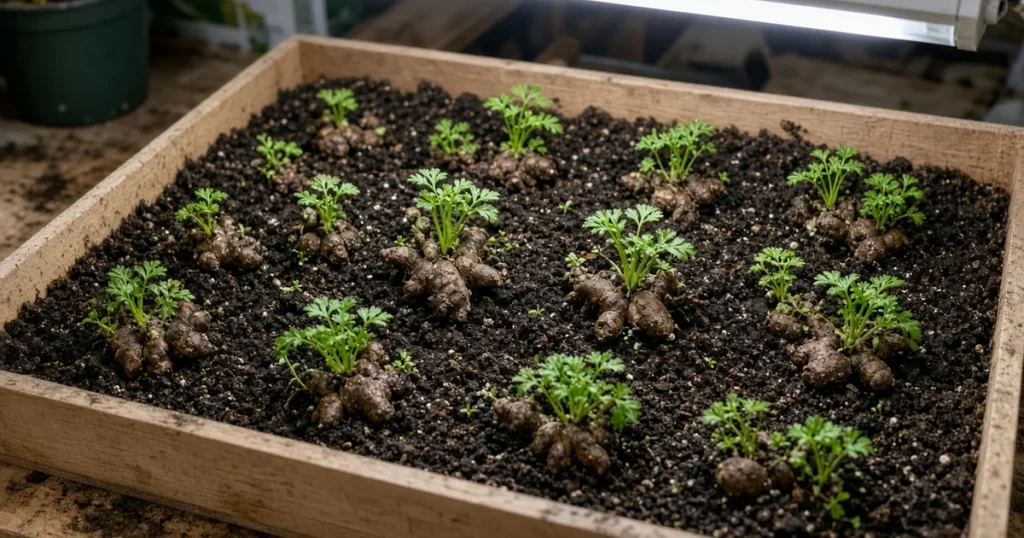 Sprouted ranunculus tubers in a tray under lights