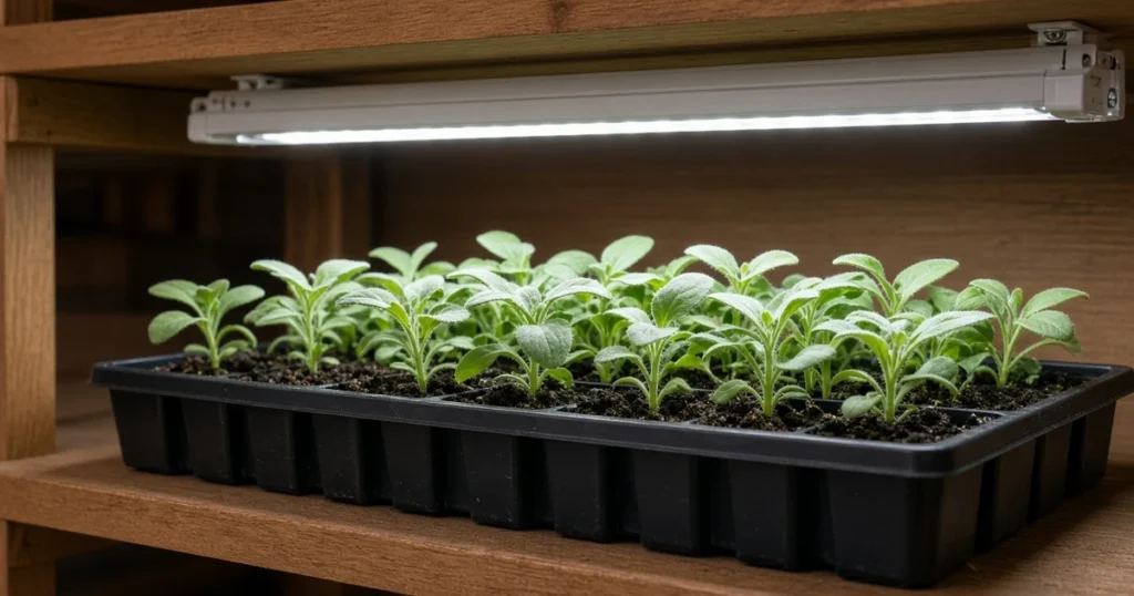 Rudbeckia seedlings under a grow light