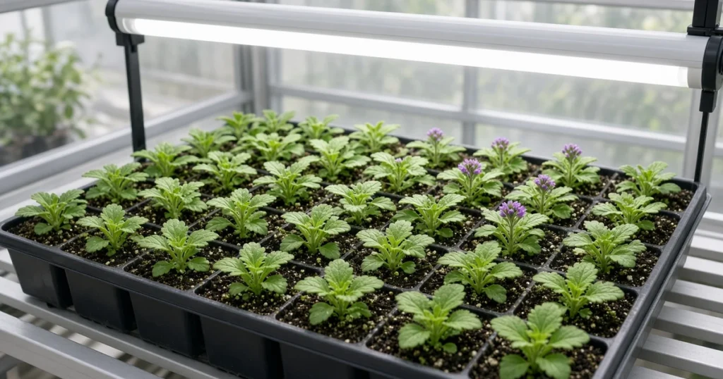 Verbena seedlings in a tray under lights