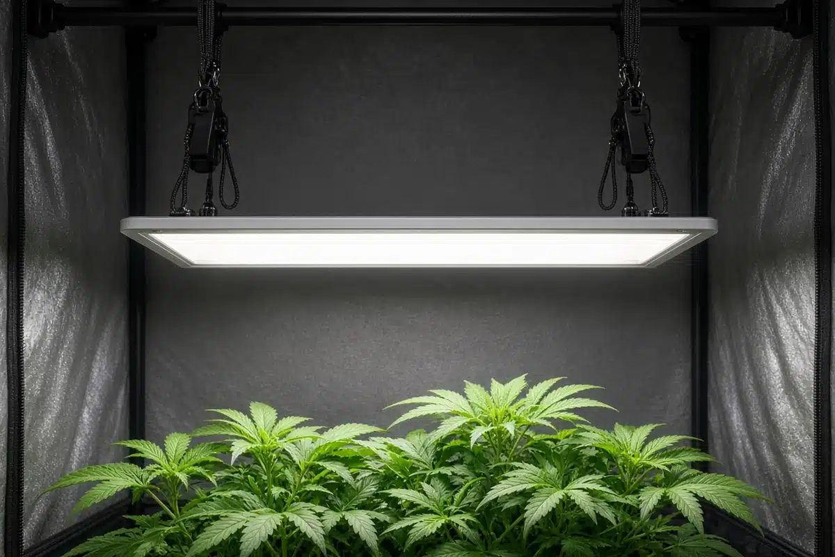 Grow light hanging from adjustable hangers