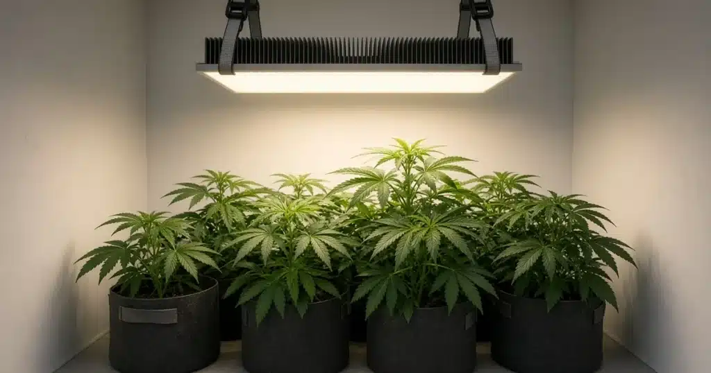 LED grow light with a finned heat sink hanging over a cannabis crop in a small closet grow space