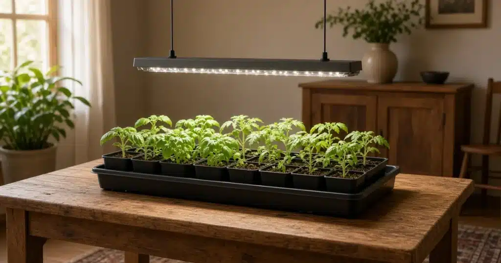LED grow light hanging over a tray of seedlings