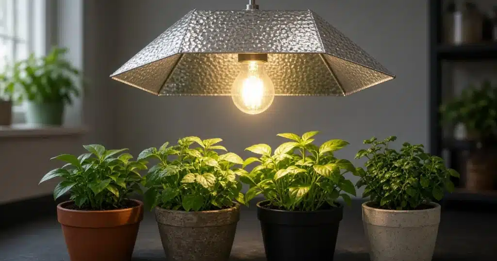 Hammered metal reflector over a single clear grow lamp