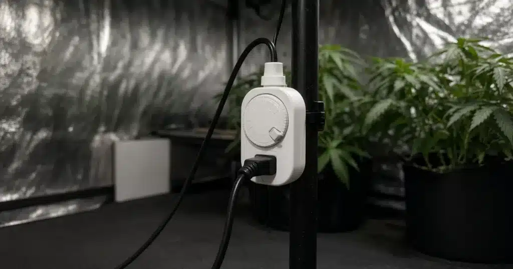 Plug-in timer controlling a grow light inside a cannabis grow tent