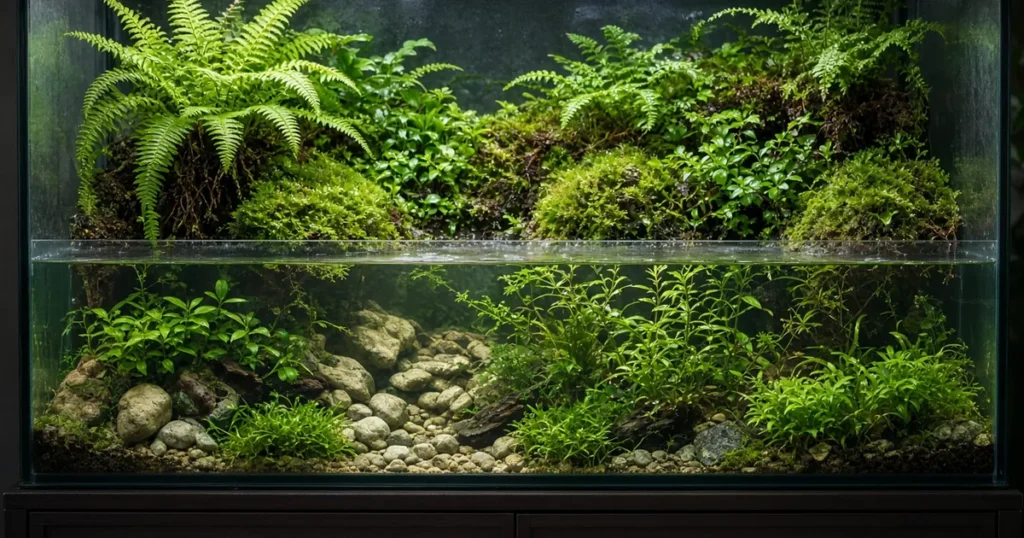 Paludarium with plants above and below a water line