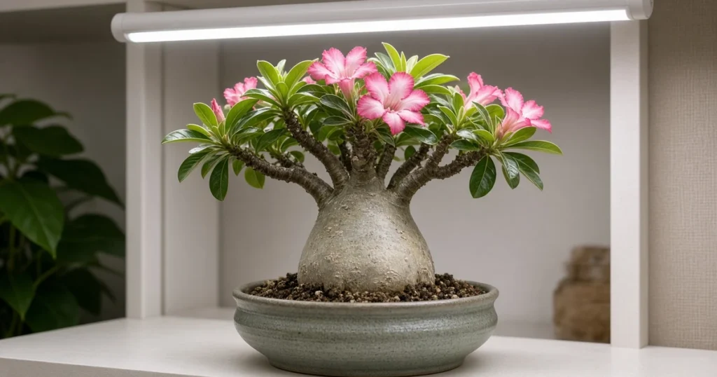 Desert rose with pink blooms under an LED light bar