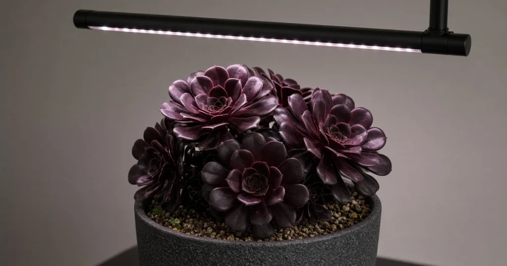 Dark burgundy aeonium rosettes under an LED