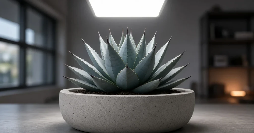 Blue gray agave rosette under a square grow light