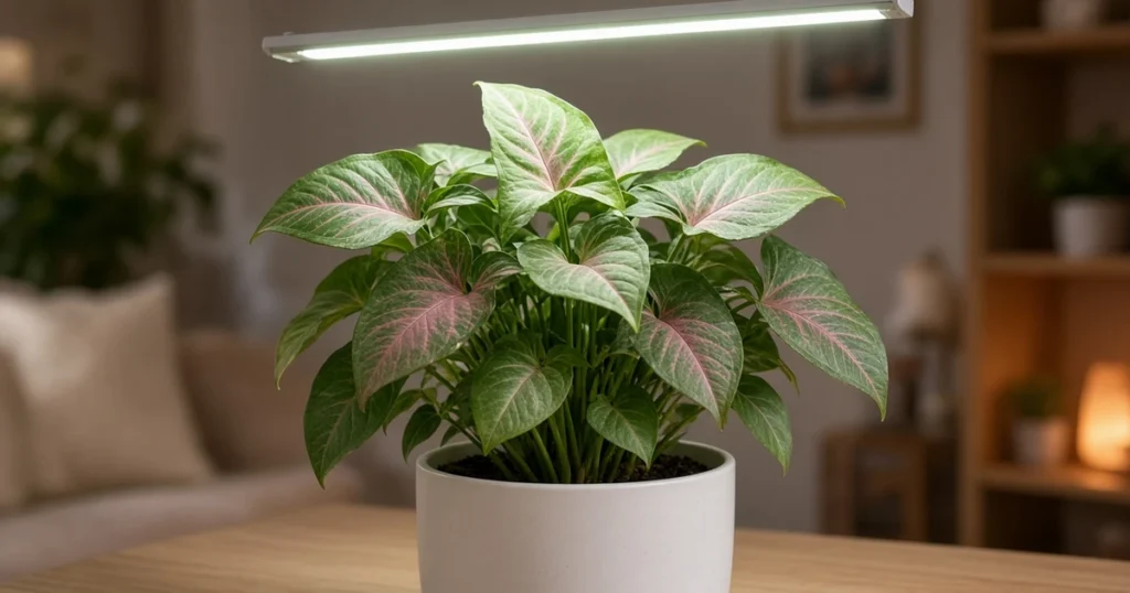 Compact arrowhead plant with pink and green leaves under an LED