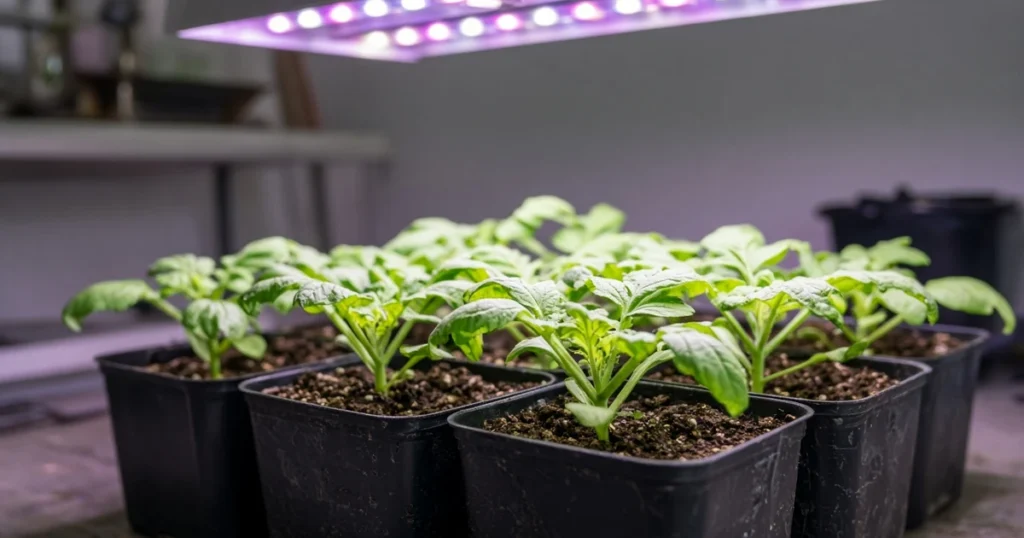 Artichoke seedlings in pots under a grow light