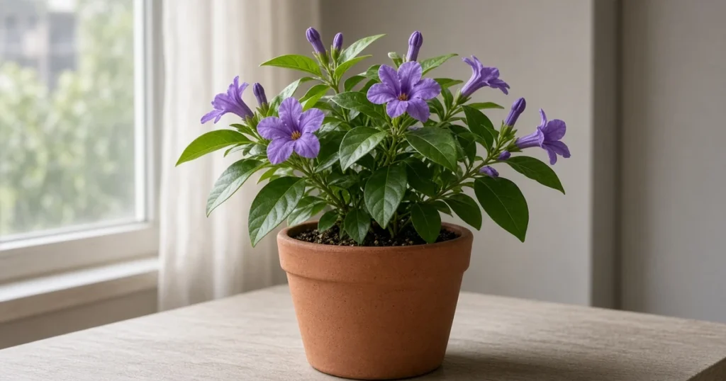 Small barleria shrub with violet flowers in a pot indoors