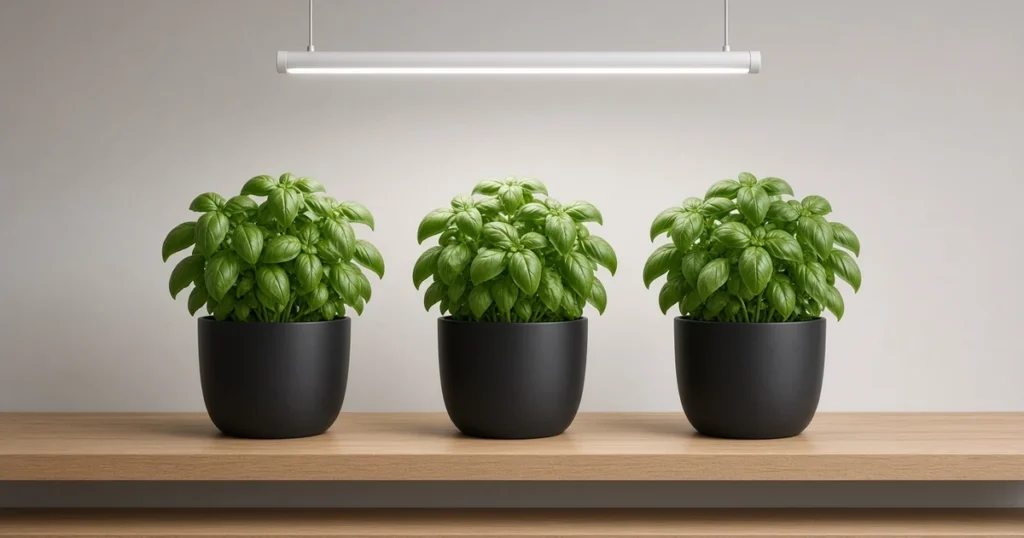 Bushy basil plants in black pots under a slim LED shop light