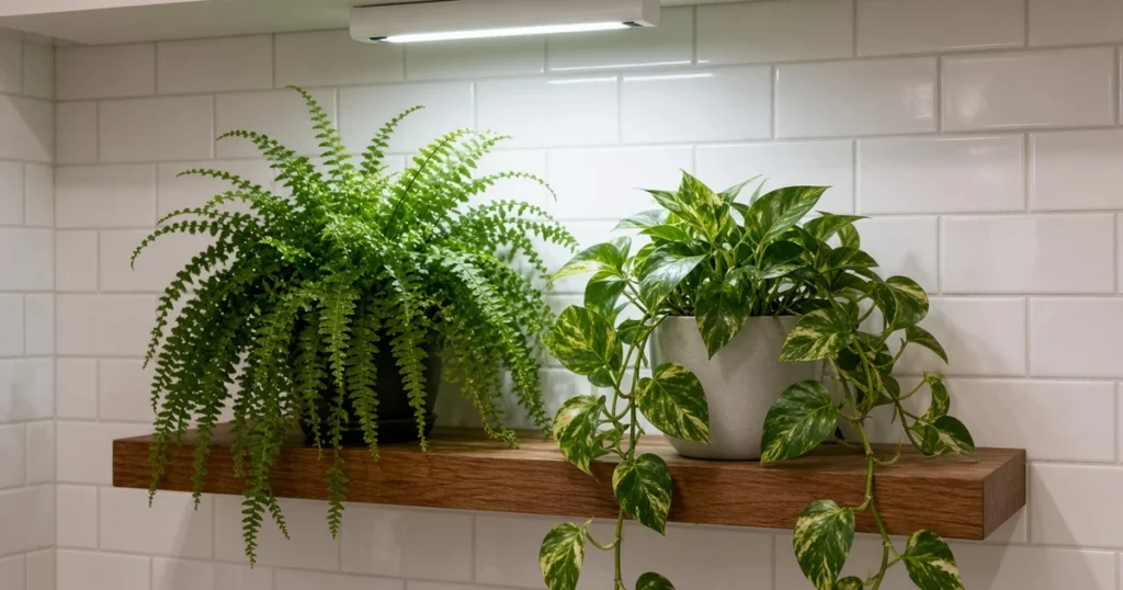Ferns and pothos on a shelf in a bathroom under a grow light