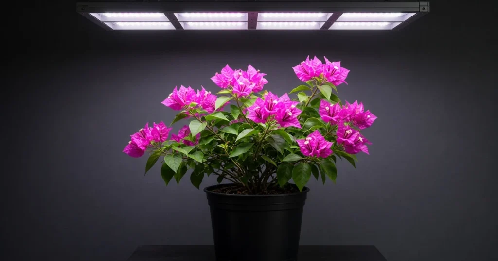 Bougainvillea with pink bracts under a grow light