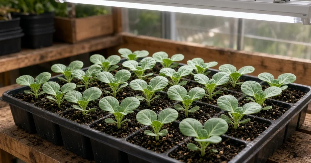 Brussels sprouts seedlings under lights