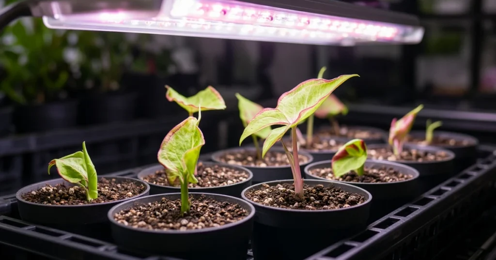 Caladium shoots in pots under a grow light
