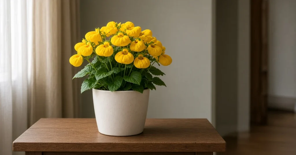 Pocketbook plant with yellow pouch flowers in a pot