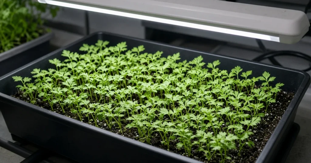 Celery seedlings in a tray under lights