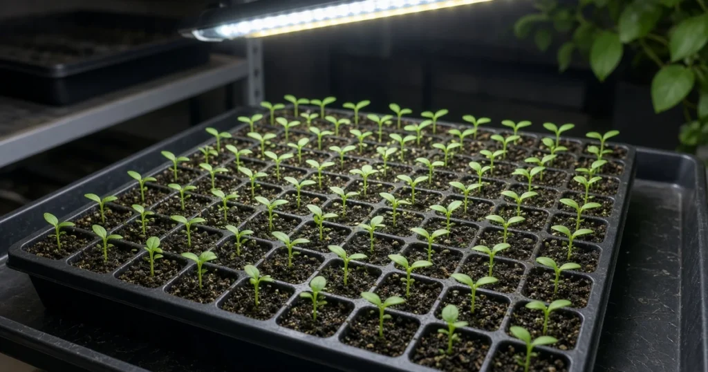 Celosia seedlings in a tray under a grow light