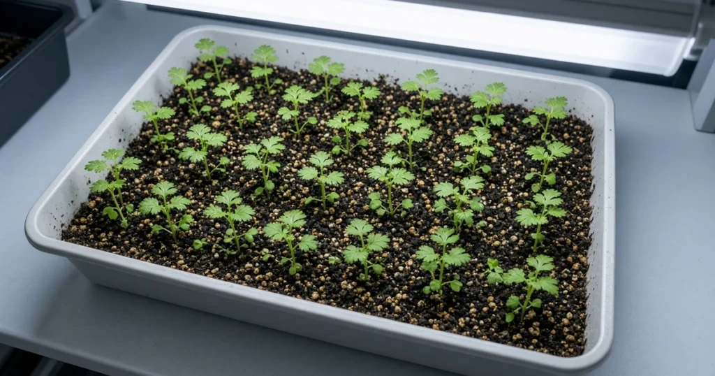 Cilantro seedlings under a bright LED panel on a cool shelf