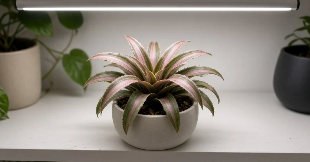 Pink striped earth star bromeliad under a grow light