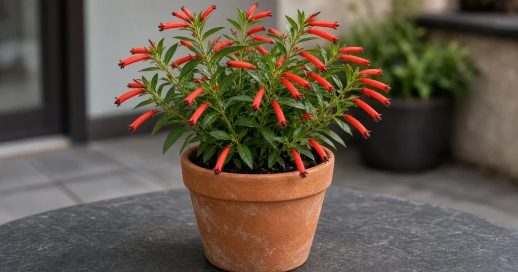 Cigar plant with small tubular red flowers in a pot