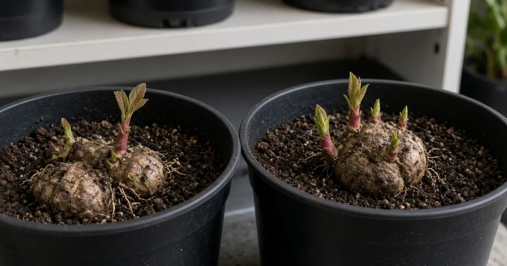 Dahlia tubers potted with small shoots