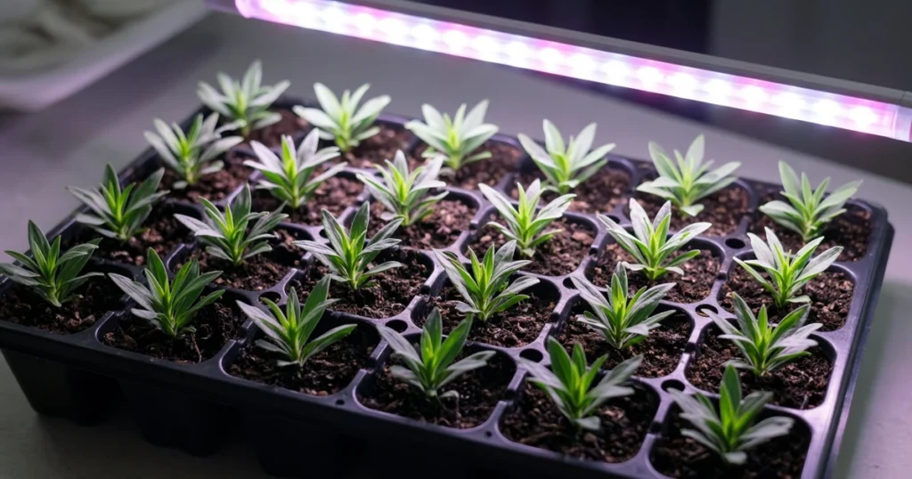 Dianthus seedlings in a tray under a grow light