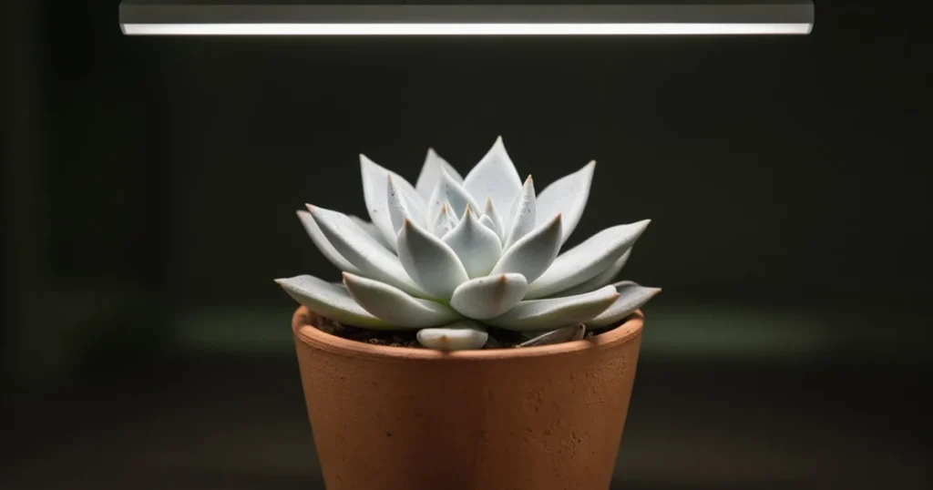 Chalky white succulent rosette in a pot under an LED