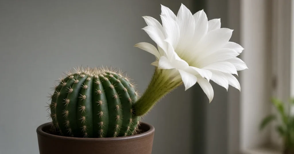 Round echinopsis cactus with a large white flower