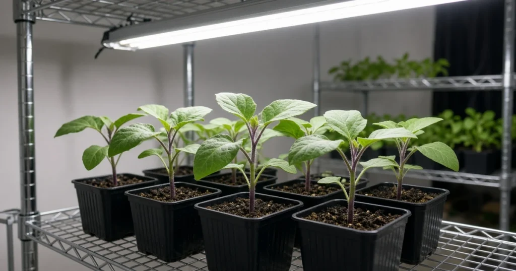 Eggplant seedlings under a grow light