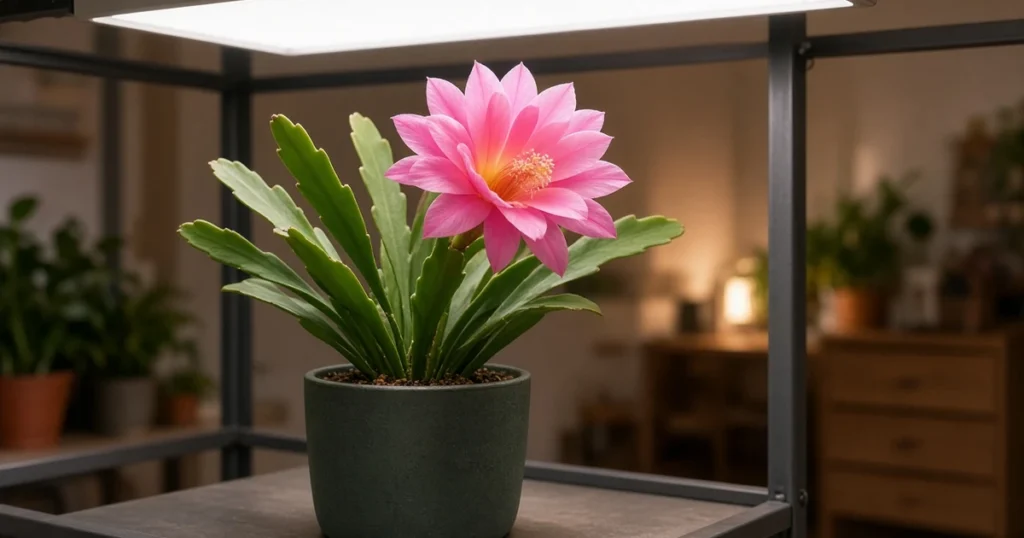Orchid cactus with a large pink bloom under a grow light