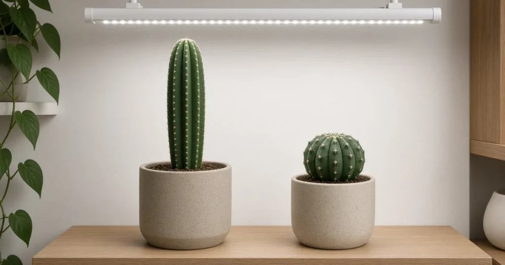 Columnar and round succulents under an LED light bar