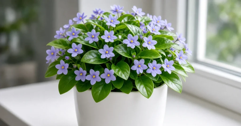 Persian violet with small blue flowers on a bright sill
