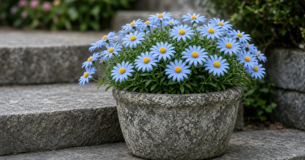Blue daisy with sky blue flowers and yellow centers in a pot