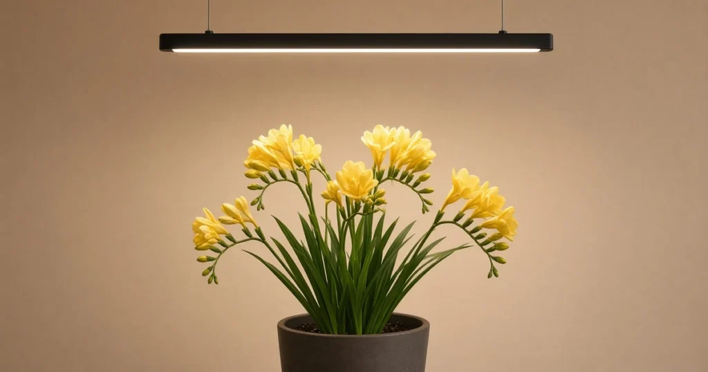 Yellow freesia blooms under an indoor grow light