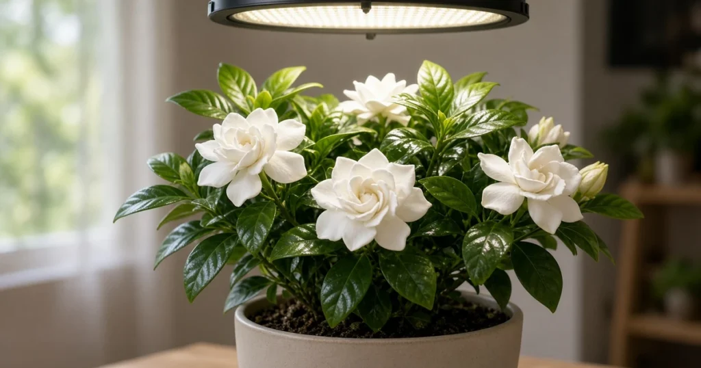 Potted gardenia with white flowers under a grow light