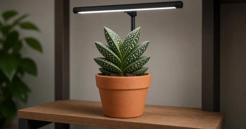 Small speckled succulent in a clay pot under an LED bar