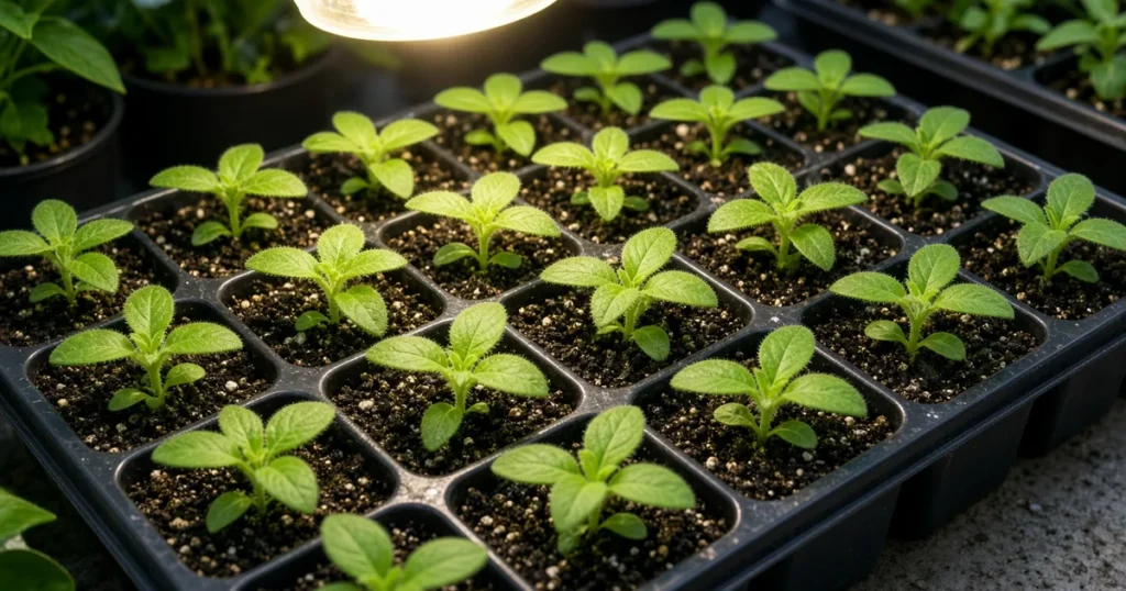 Gomphrena seedlings in cells under a grow light