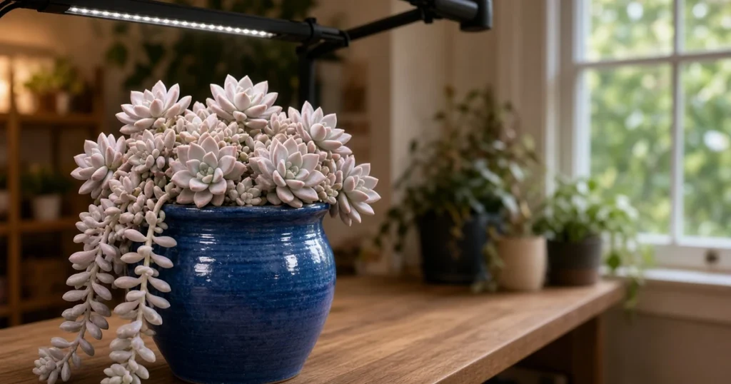 Pastel graptopetalum rosettes in a pot under an LED