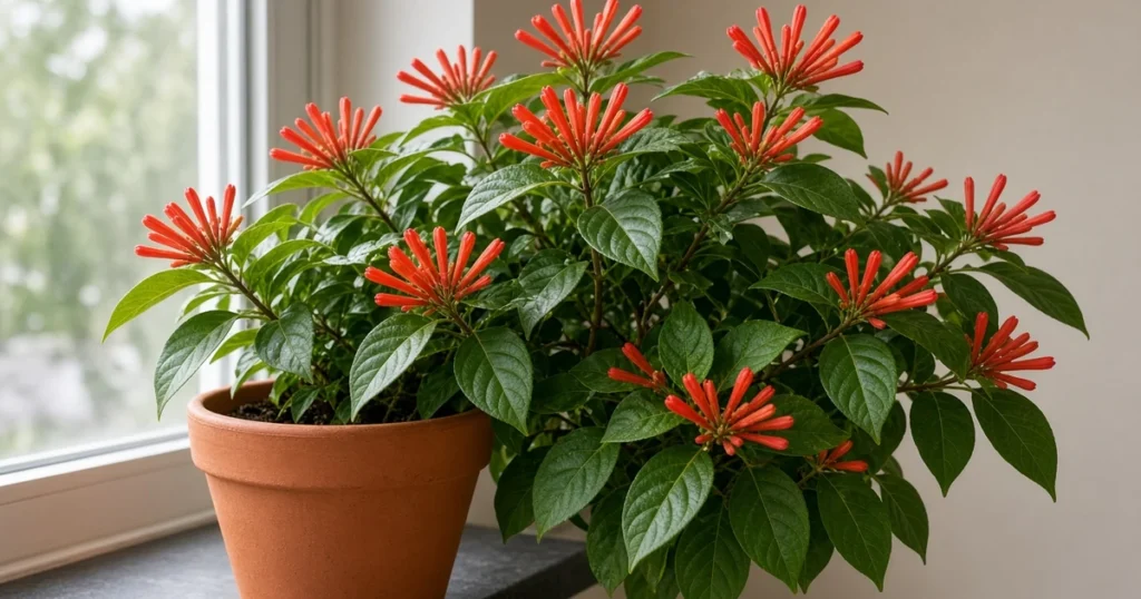 Firebush shrub with red tubular flowers in a pot near a window