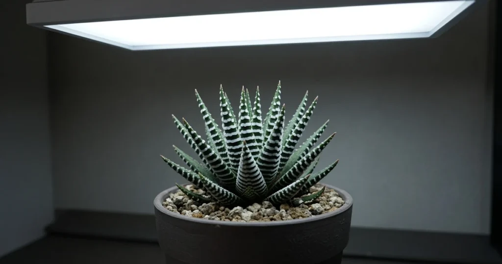 Banded zebra haworthiopsis rosette under an LED