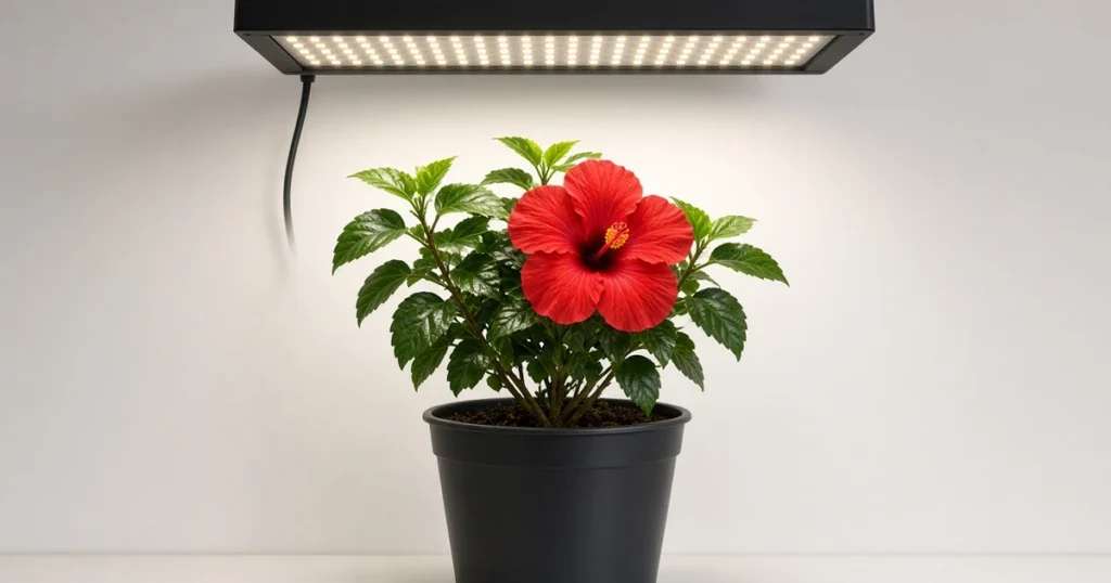 Tropical hibiscus with a red flower under a grow light