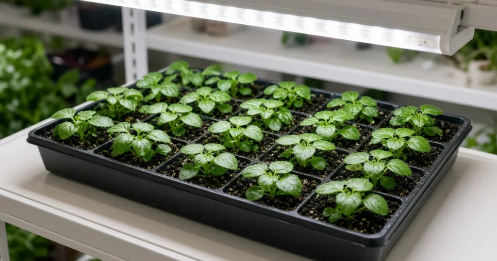 Impatiens seedlings in a tray under lights