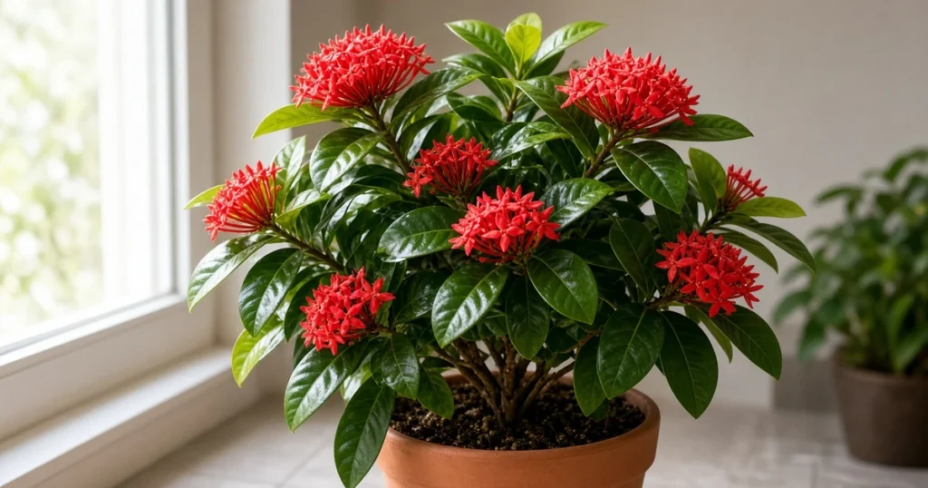 Ixora shrub with red flower clusters near a bright window