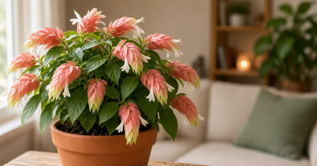 Shrimp plant with curved salmon bracts in a pot