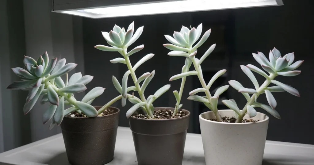 Stretched succulent rosettes under a grow light