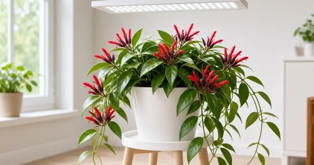 Lipstick plant with red tubular flowers under an LED