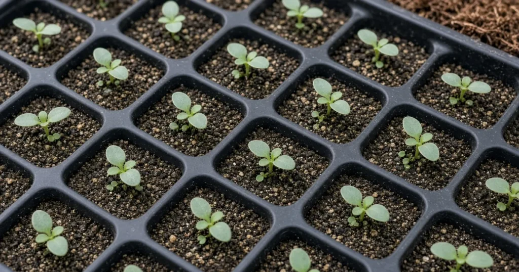 Tiny lisianthus seedlings in a tray