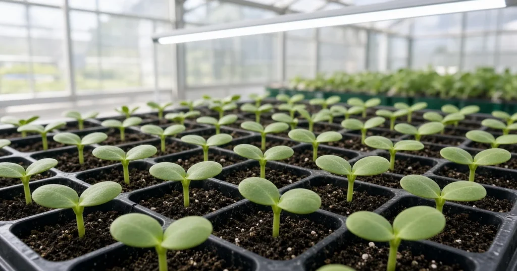 Lupine seedlings in cells under a grow light